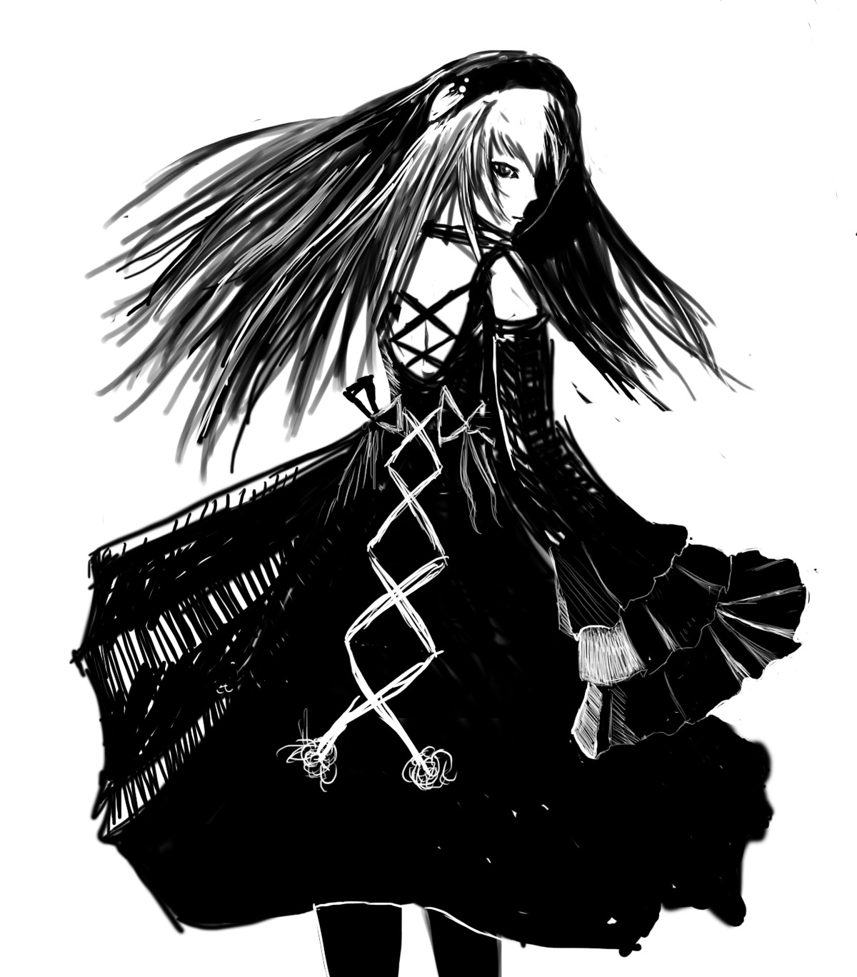 1girl akemi_homura bare_shoulders detached_sleeves dress elbow_gloves gloves greyscale image long_hair looking_at_viewer monochrome simple_background solo suigintou white_background