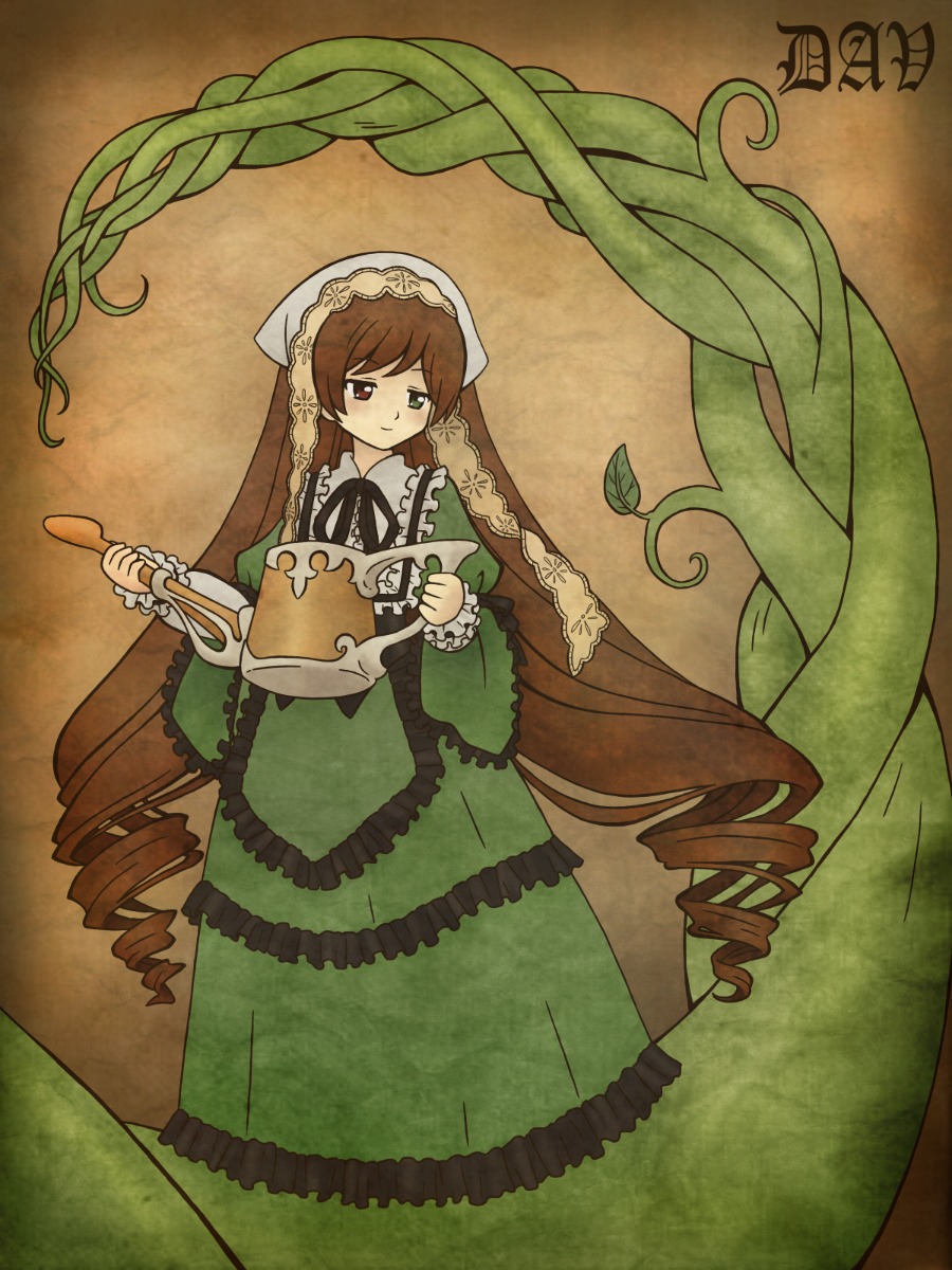 1girl auto_tagged brown_hair dress drill_hair frills green_dress green_eyes heterochromia image long_hair long_sleeves red_eyes ringlets solo suiseiseki twin_drills very_long_hair watering_can