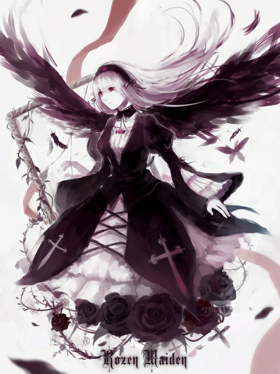 1girl black_flower black_rose bug butterfly dress feathers flower hairband image insect long_hair long_sleeves puffy_sleeves red_eyes red_flower red_rose rose solo suigintou very_long_hair white_rose wings