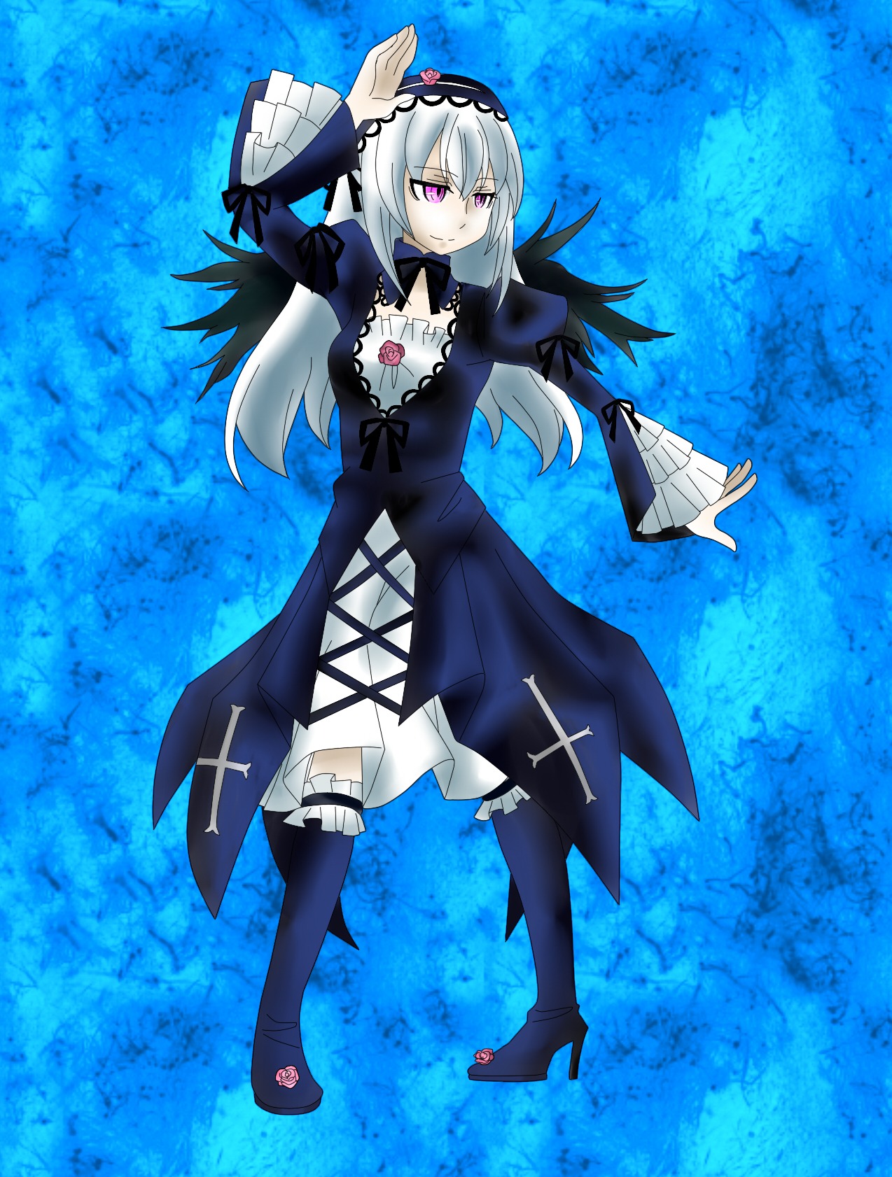 1girl black_wings blue_background boots dress frills hairband high_heels image long_hair long_sleeves pink_eyes silver_hair solo suigintou thigh_boots thighhighs wings