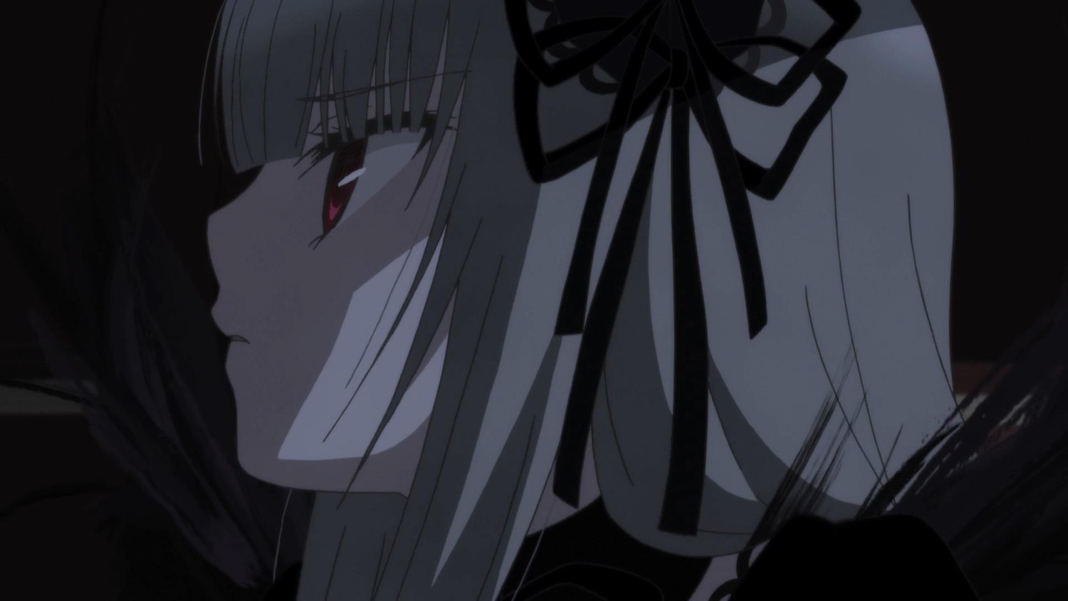 1girl auto_tagged black_ribbon close-up closed_mouth dress face hair_ribbon image long_hair profile red_eyes ribbon smile solo suigintou