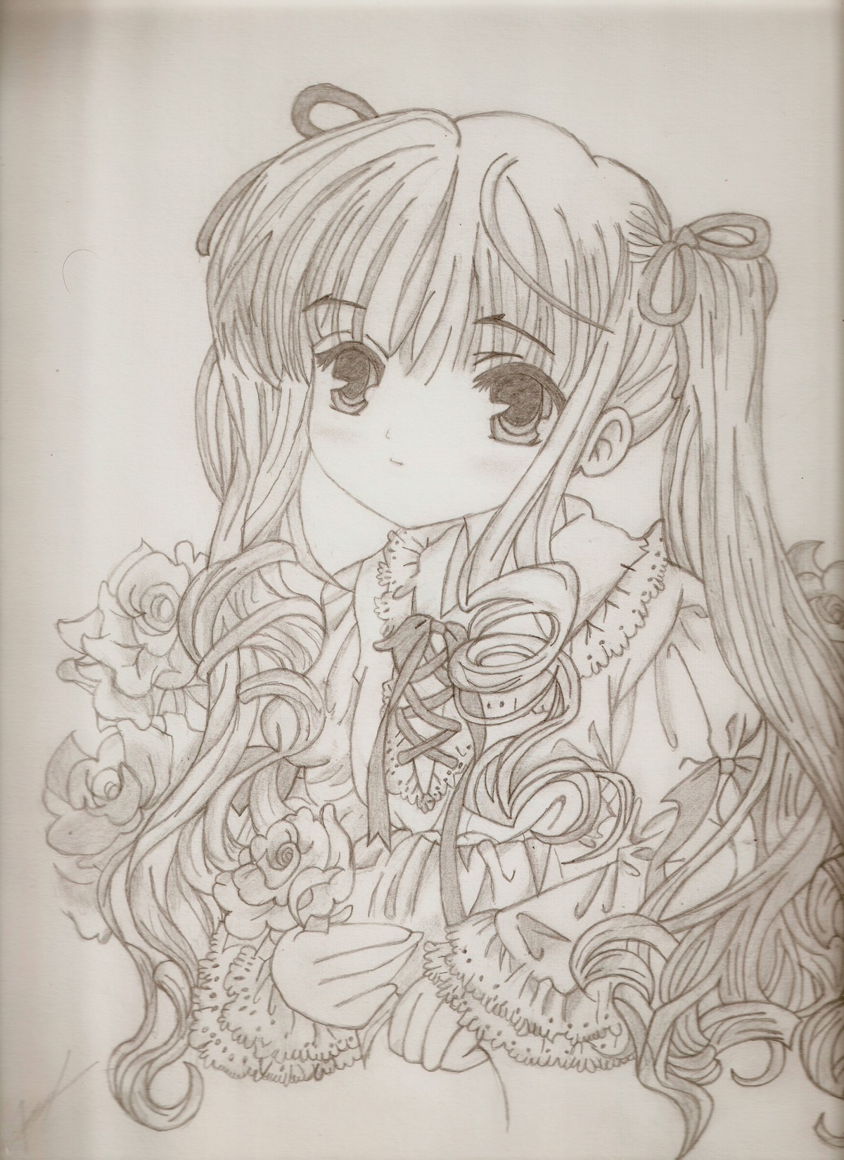 1girl blush expressionless flower frills graphite_(medium) hair_ribbon image long_hair long_sleeves looking_at_viewer monochrome ribbon rose shinku solo traditional_media twintails upper_body