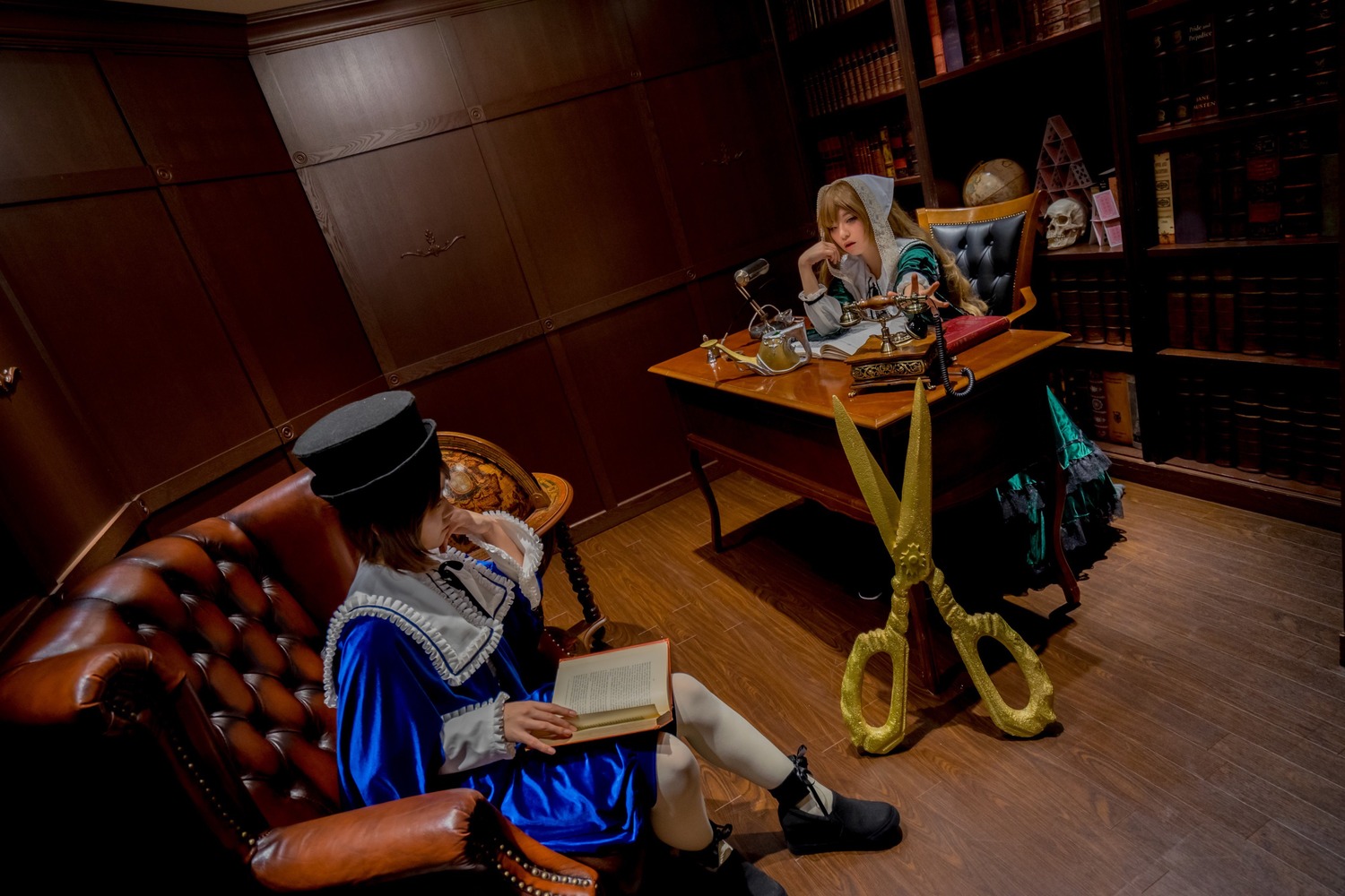 beard blonde_hair book facial_hair hat multiple_boys multiple_cosplay sitting tagme