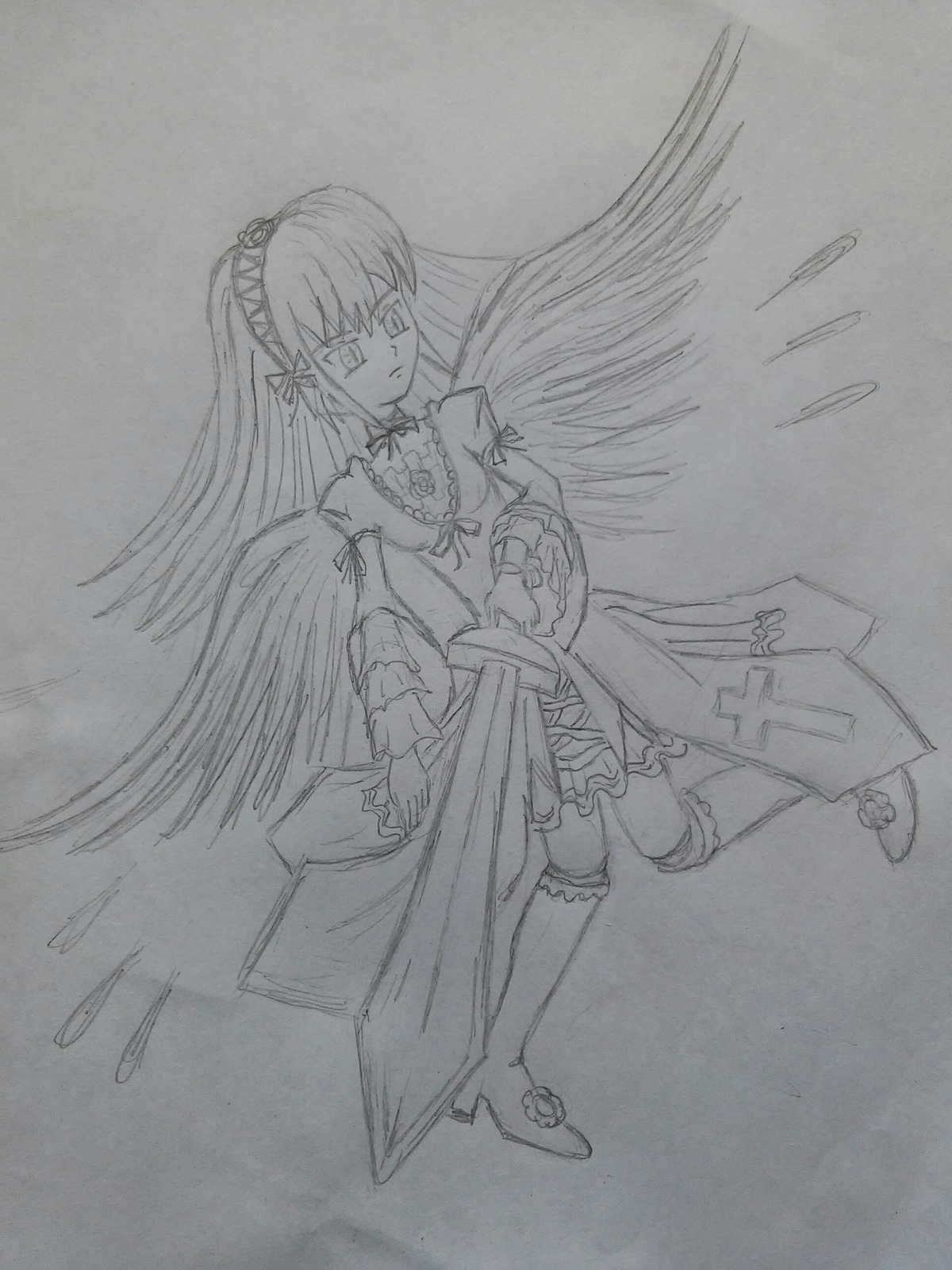 1girl akemi_homura dress feathered_wings full_body graphite_(medium) greyscale image kneehighs long_hair monochrome simple_background solo standing suigintou traditional_media wings