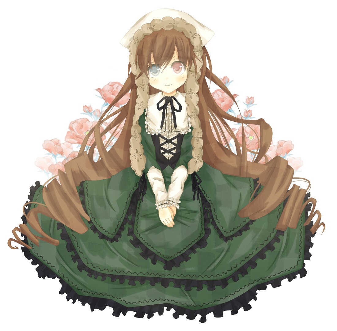 1girl brown_hair dress drill_hair flower frills green_dress hat head_scarf heterochromia image lolita_fashion long_hair long_sleeves looking_at_viewer red_eyes ribbon smile solo suiseiseki twin_drills very_long_hair