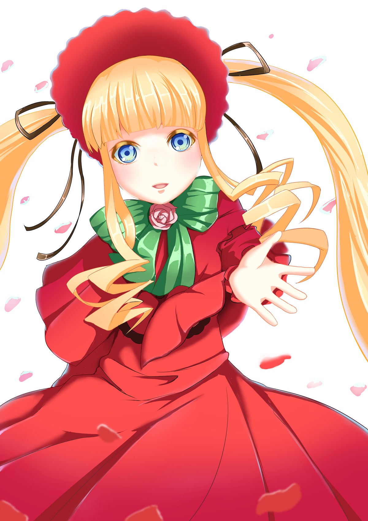 1girl bangs blonde_hair blue_eyes bonnet bow bowtie capelet dress drill_hair flower green_bow image long_hair long_sleeves looking_at_viewer open_mouth petals red_dress rose rose_petals shinku sidelocks solo twintails white_background