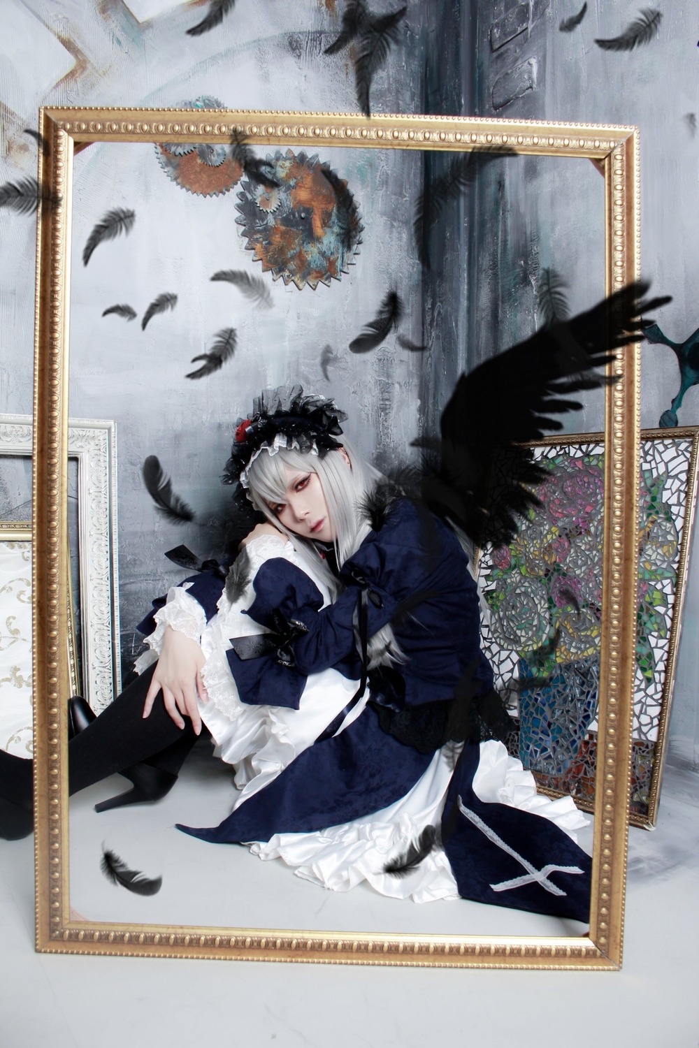 1girl bird black_feathers black_wings crow dove dress feathered_wings feathers flock flower flying frills hairband lips long_sleeves looking_at_viewer red_eyes rose seagull silver_hair solo suigintou white_feathers wings