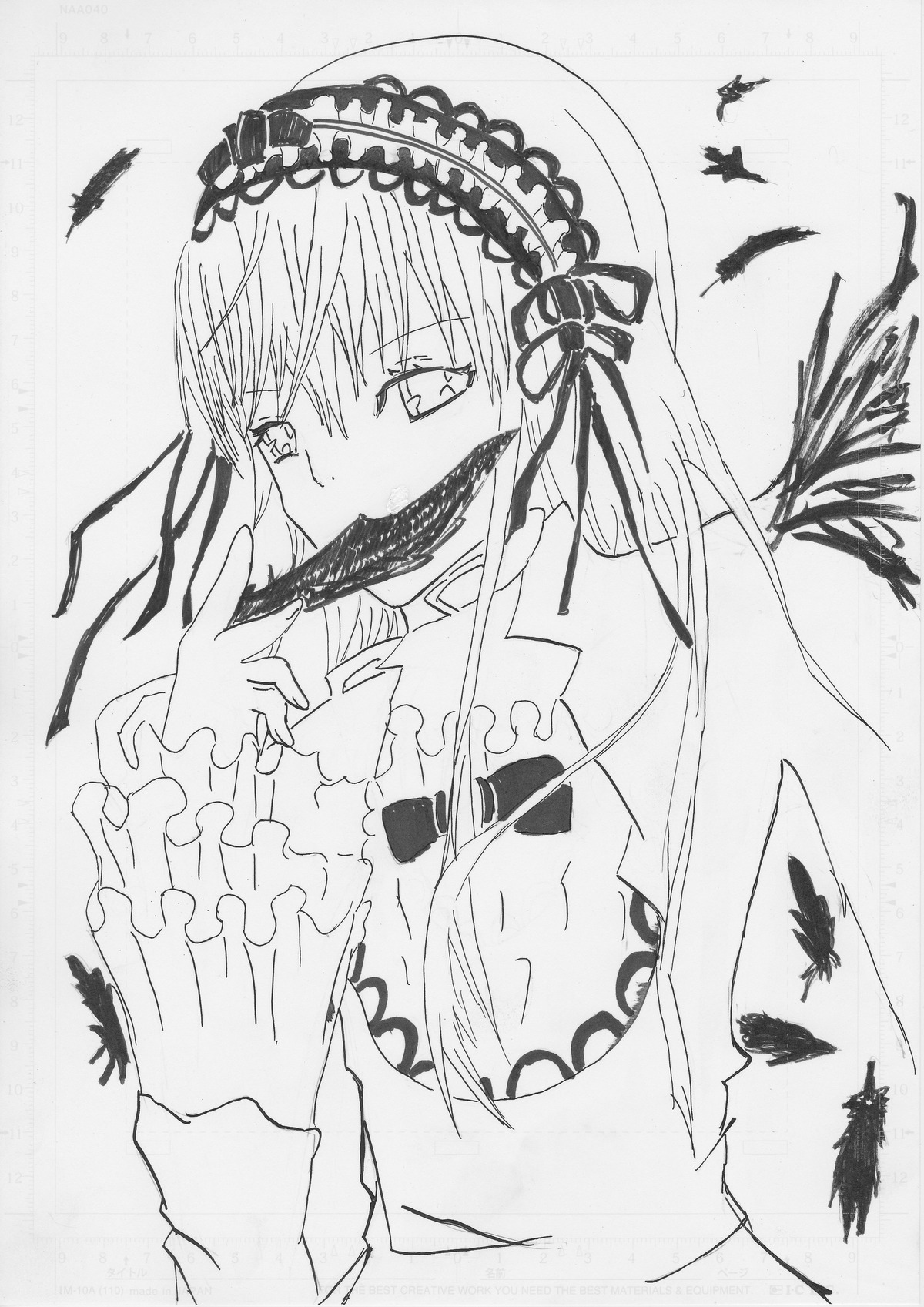 1girl bat bird black_feathers crow dove feathers greyscale hairband image long_hair looking_at_viewer monochrome seagull solo suigintou traditional_media upper_body wings