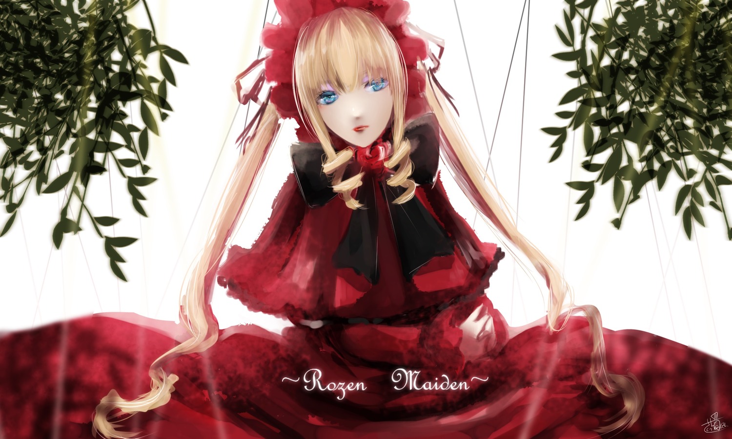 1girl blonde_hair blue_eyes bow bowtie capelet curtains dress flower image long_hair looking_at_viewer plant red_dress rose shinku sitting solo twintails very_long_hair