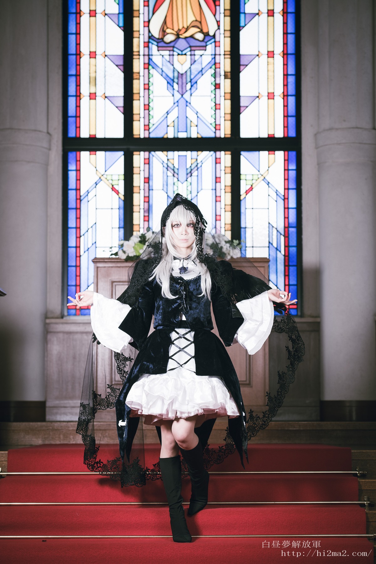 1girl black_footwear boots dress full_body indoors long_hair long_sleeves solo stained_glass standing suigintou watermark