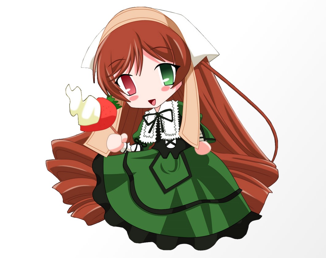 1girl :d brown_hair chibi dress drill_hair food green_dress green_eyes head_scarf heterochromia image long_hair long_sleeves open_mouth red_eyes smile solo striped suiseiseki twin_drills very_long_hair