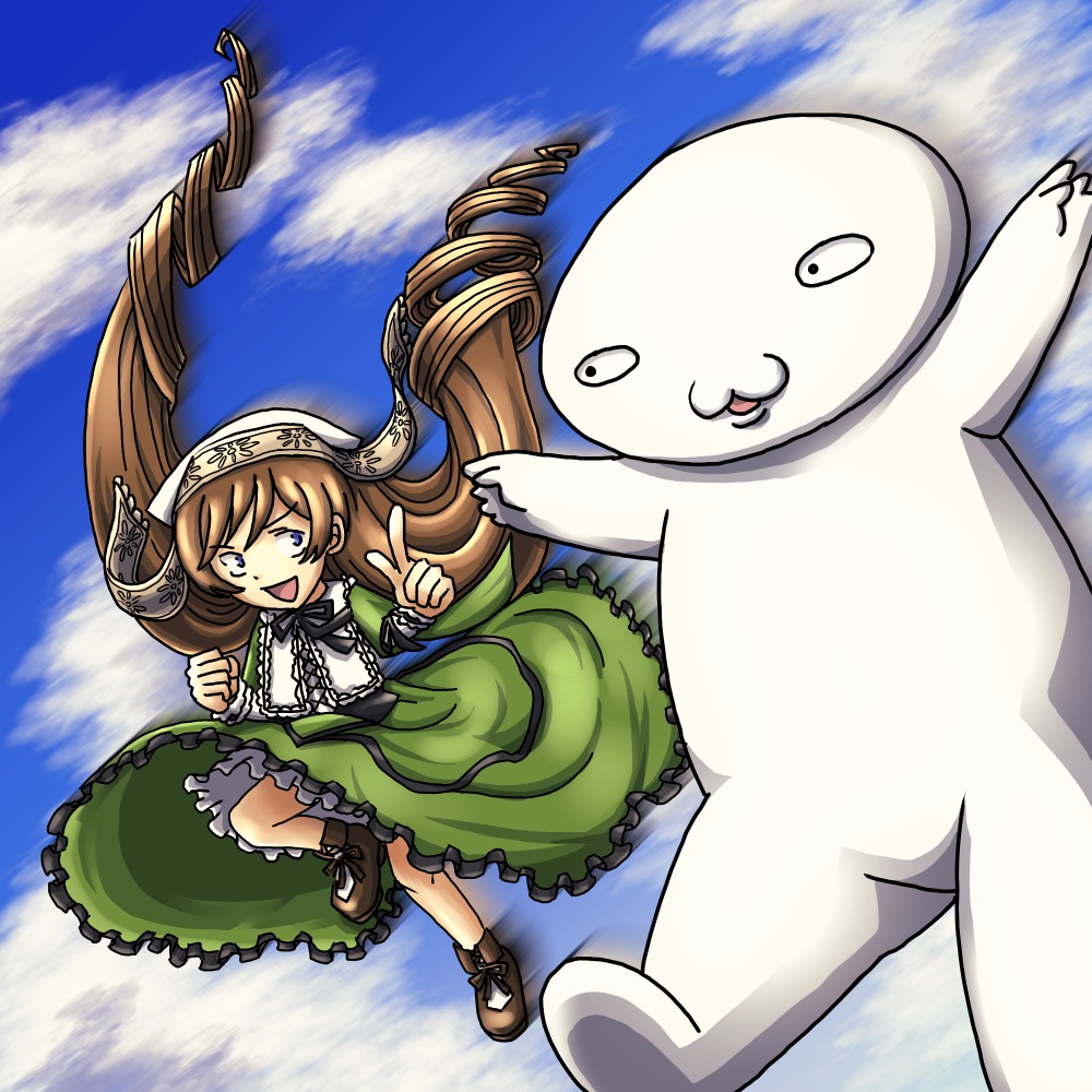 1girl :d blue_eyes blue_sky brown_hair cloud day dress drill_hair hat image long_hair open_mouth outdoors shoes sky smile solo suiseiseki