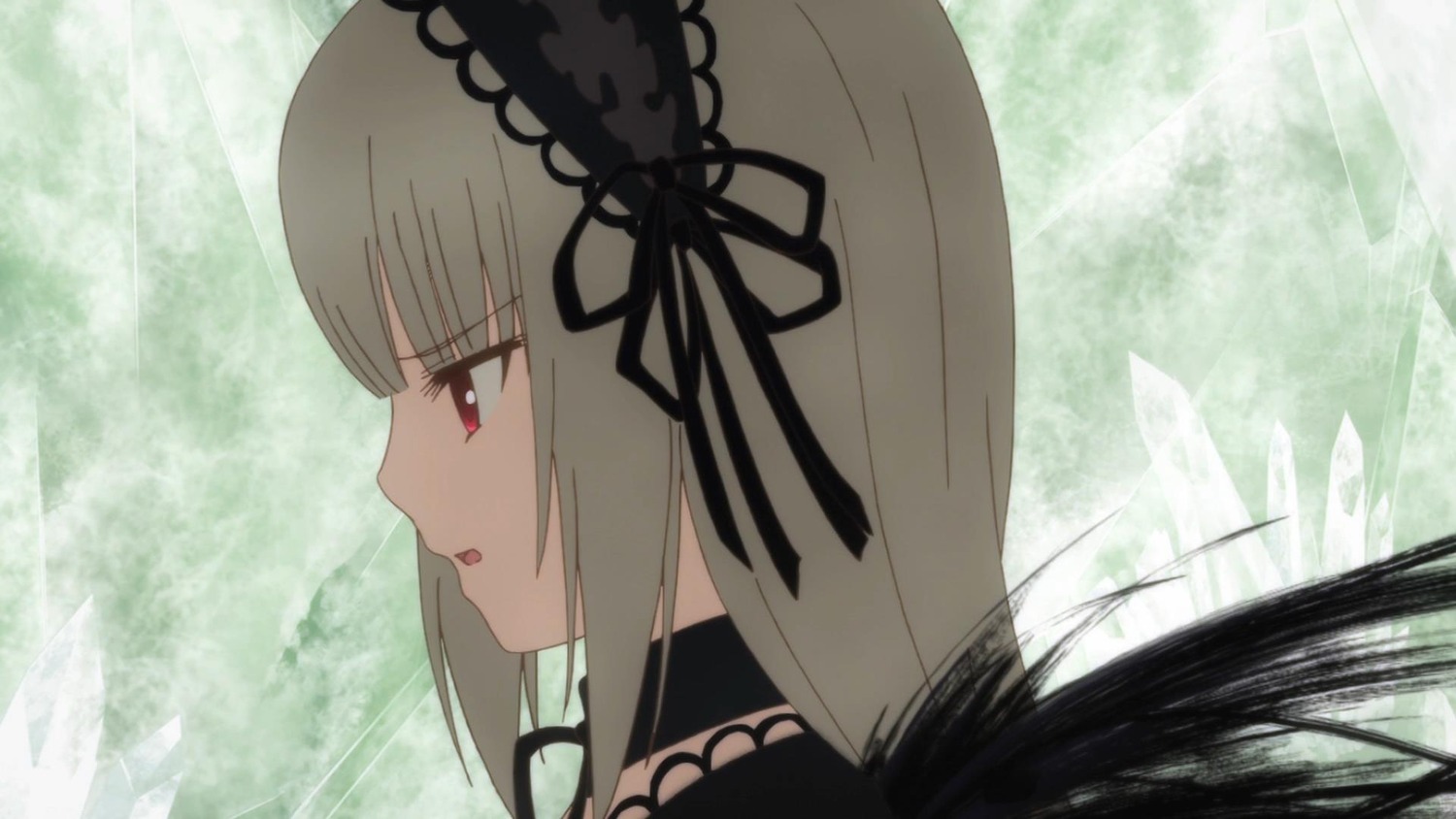 1girl bangs black_dress black_ribbon eyebrows_visible_through_hair hairband image long_hair red_eyes ribbon silver_hair solo suigintou