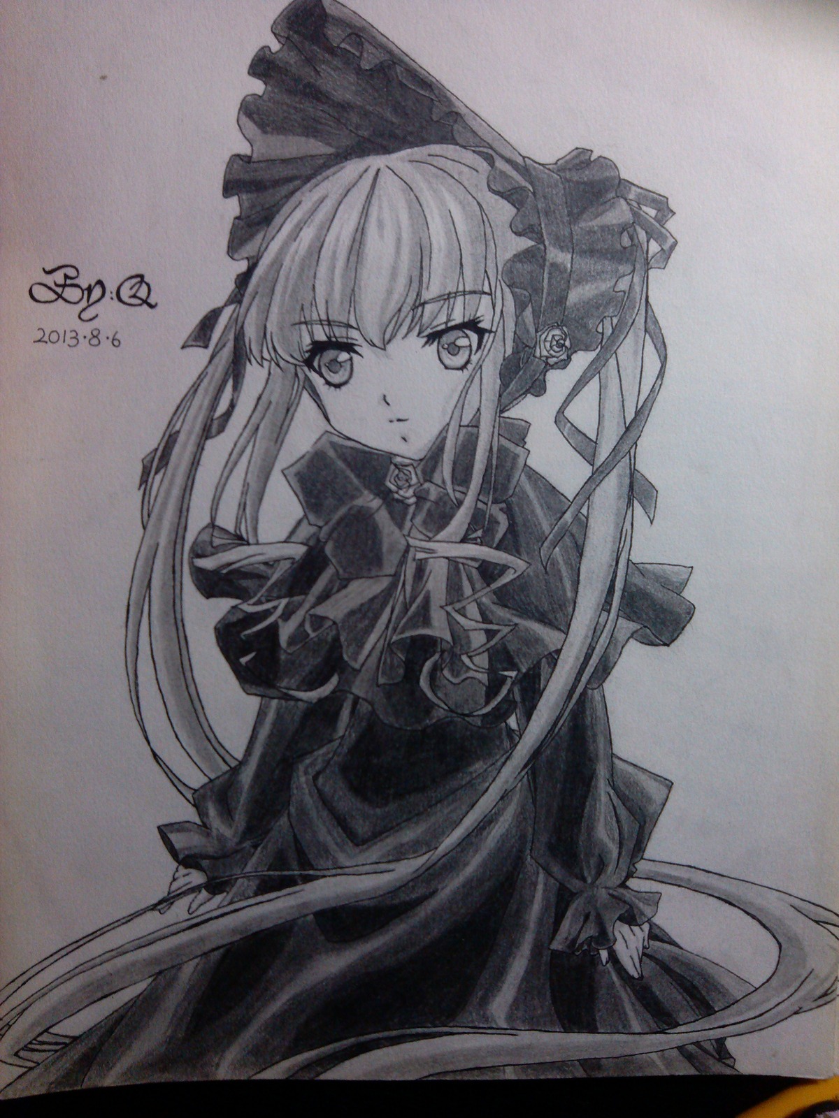 1girl artist_name bonnet closed_mouth dated dress frills image long_hair long_sleeves looking_at_viewer monochrome photo shikishi shinku solo traditional_media twintails very_long_hair