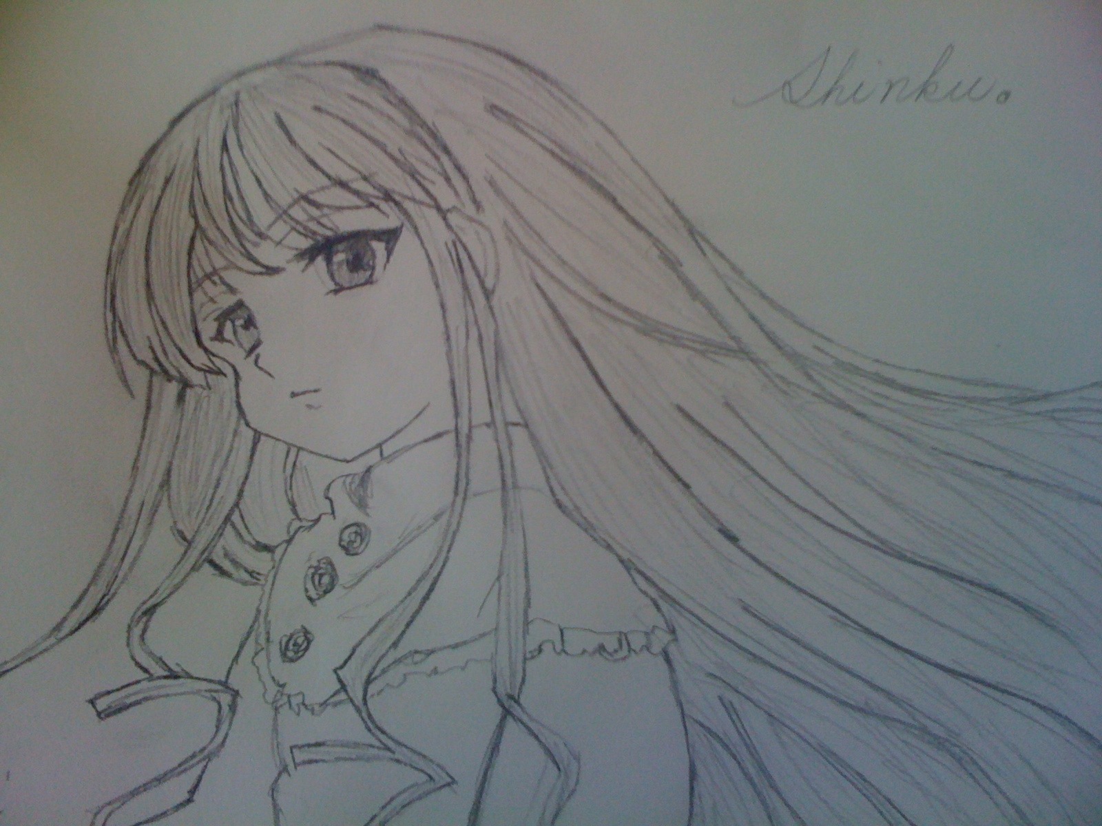 1girl bangs closed_mouth eyebrows_visible_through_hair floating_hair frills image long_hair looking_at_viewer megurine_luka monochrome shinku solo traditional_media upper_body