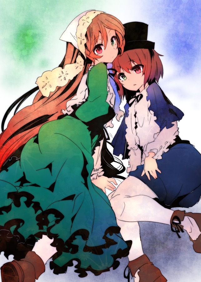 2girls blue_dress bonnet boots brown_hair commentary_request dress frills green_dress green_eyes hat head_scarf heterochromia image long_hair long_sleeves looking_at_viewer multiple_girls one-hour_drawing_challenge pair pantyhose red_eyes rozen_maiden short_hair siblings sisters souseiseki suiseiseki top_hat tousen twins very_long_hair white_legwear
