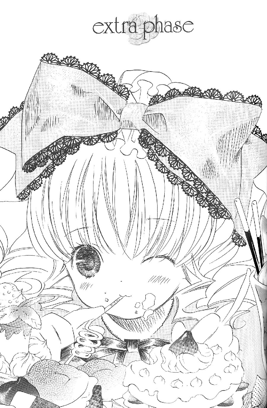 1girl blush bow eating food greyscale hinaichigo image lace monochrome one_eye_closed solo strawberry traditional_media