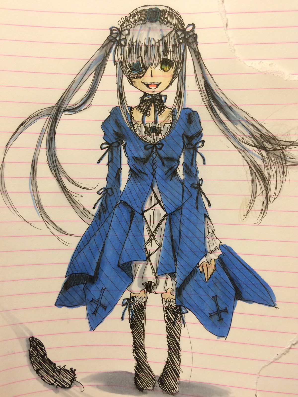 1girl costume_switch dress eyepatch green_eyes image lolita_fashion long_hair long_sleeves open_mouth smile solo striped striped_legwear traditional_media twintails vertical_stripes