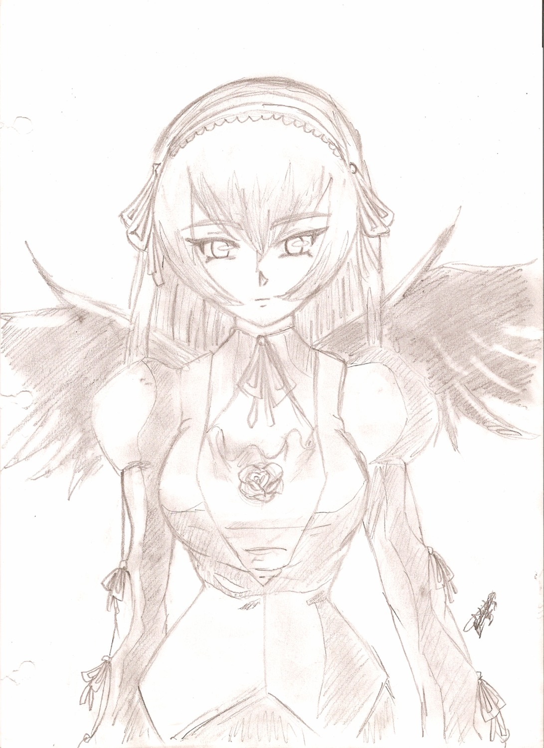 1girl akuma_homura bare_shoulders black_wings dress elbow_gloves feathered_wings flower hairband image long_hair looking_at_viewer monochrome signature simple_background sketch solo suigintou traditional_media white_background wings