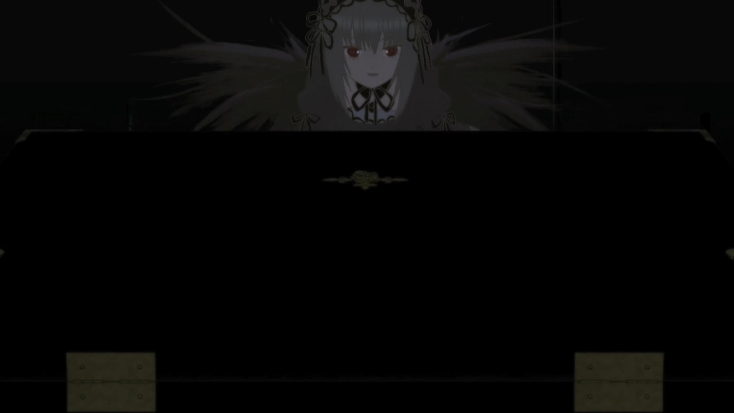 1girl bangs black_background black_wings closed_mouth dress eyebrows_visible_through_hair feathered_wings feathers flower hairband image long_hair long_sleeves looking_at_viewer parted_lips red_eyes ribbon rose solo suigintou very_long_hair white_wings wings