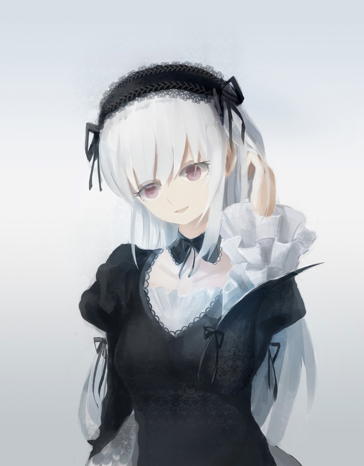 1girl bangs black_dress black_ribbon dress frills gradient gradient_background hairband image juliet_sleeves long_hair long_sleeves looking_at_viewer puffy_sleeves ribbon silver_hair smile solo suigintou upper_body very_long_hair