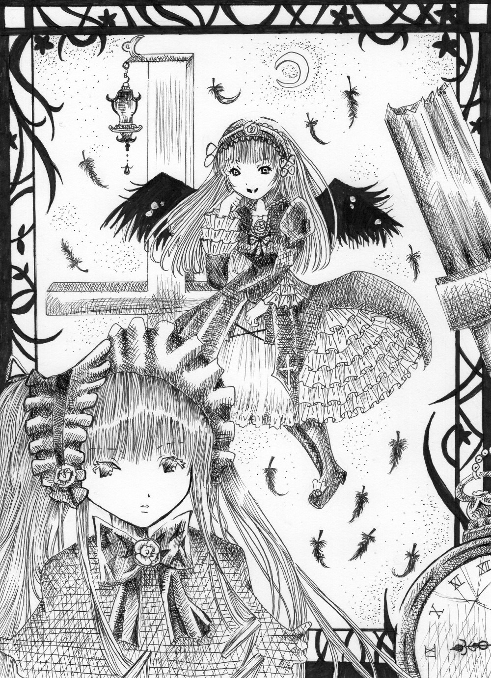 1girl bird birdcage black_feathers blunt_bangs bow cage crow dove dress feathers flower frills greyscale hairband image long_hair looking_at_viewer monochrome pair ribbon rose seagull shinku solo suigintou traditional_media wings
