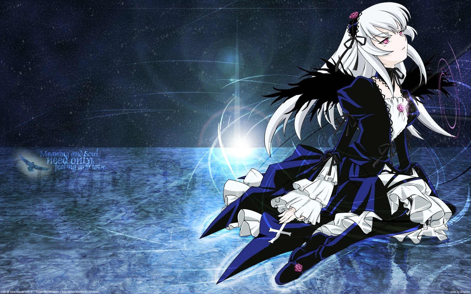 1girl dress frills gothic_lolita hairband image long_hair night night_sky pink_eyes silver_hair sky solo space star_(sky) starry_sky suigintou wings