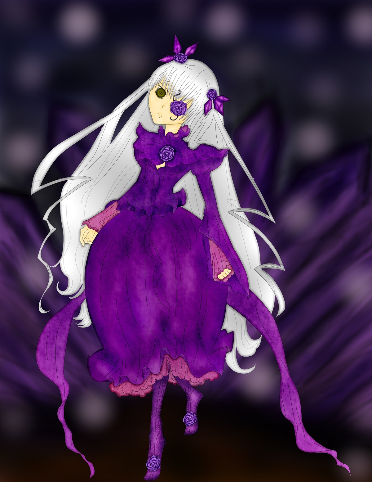 1girl barasuishou boots dress flower full_body image knee_boots long_hair long_sleeves looking_at_viewer purple_dress purple_flower purple_rose purple_theme rose solo standing very_long_hair yellow_eyes