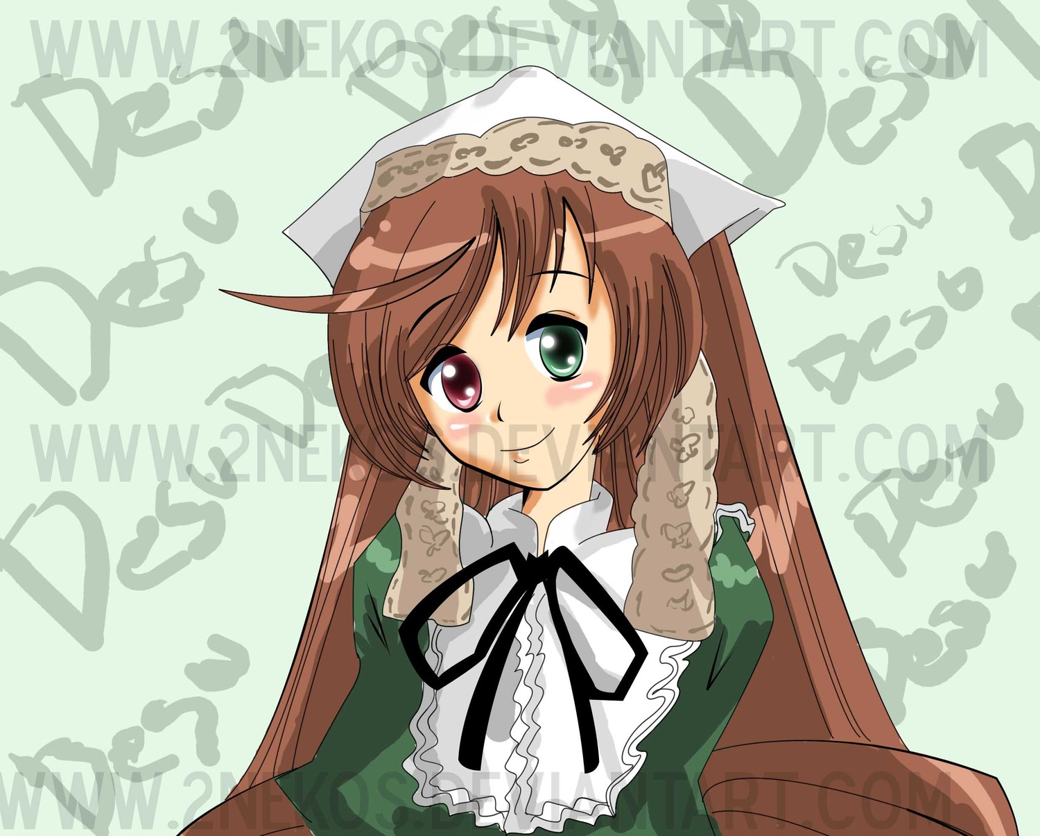 1girl brown_hair dress green_background green_dress green_eyes hat head_scarf heterochromia image long_hair long_sleeves looking_at_viewer red_eyes solo suiseiseki twintails upper_body very_long_hair