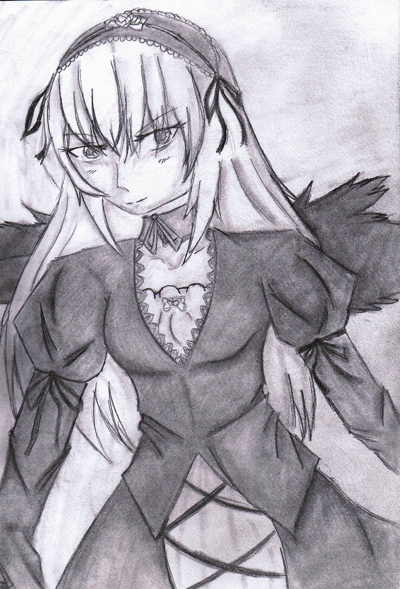 1girl breasts cleavage dress frilled_sleeves frills greyscale hairband image juliet_sleeves long_hair long_sleeves looking_at_viewer monochrome puffy_sleeves solo suigintou traditional_media upper_body wings