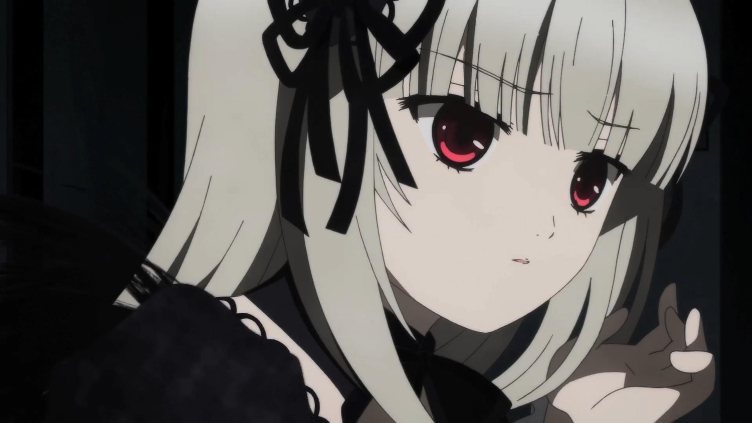 1girl bangs black_ribbon close-up closed_mouth eyebrows_visible_through_hair hair_ribbon image long_hair looking_at_viewer parted_lips red_eyes ribbon solo suigintou