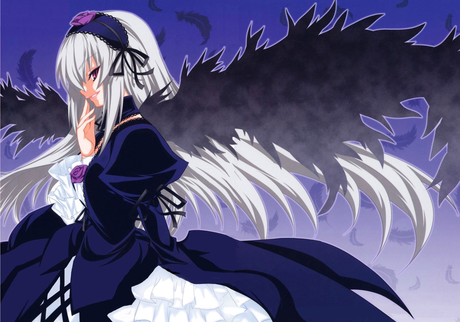 1girl auto_tagged black_wings dress feathers finger_to_mouth flower frilled_sleeves frills hairband image juliet_sleeves long_hair long_sleeves looking_at_viewer pink_eyes puffy_sleeves red_eyes rose silver_hair solo suigintou very_long_hair wings