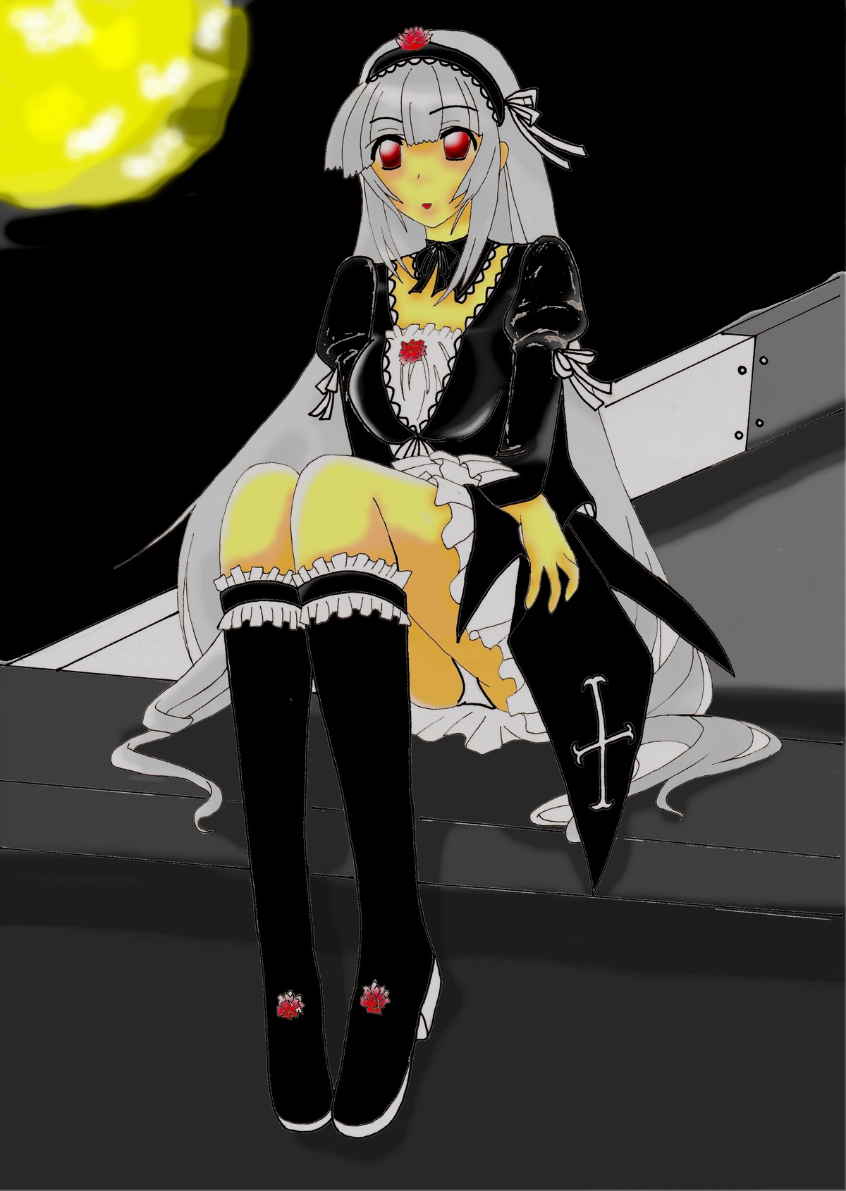 1girl auto_tagged dress frills hairband high_heels image kneehighs long_hair pantyshot red_eyes silver_hair sitting solo suigintou underwear very_long_hair