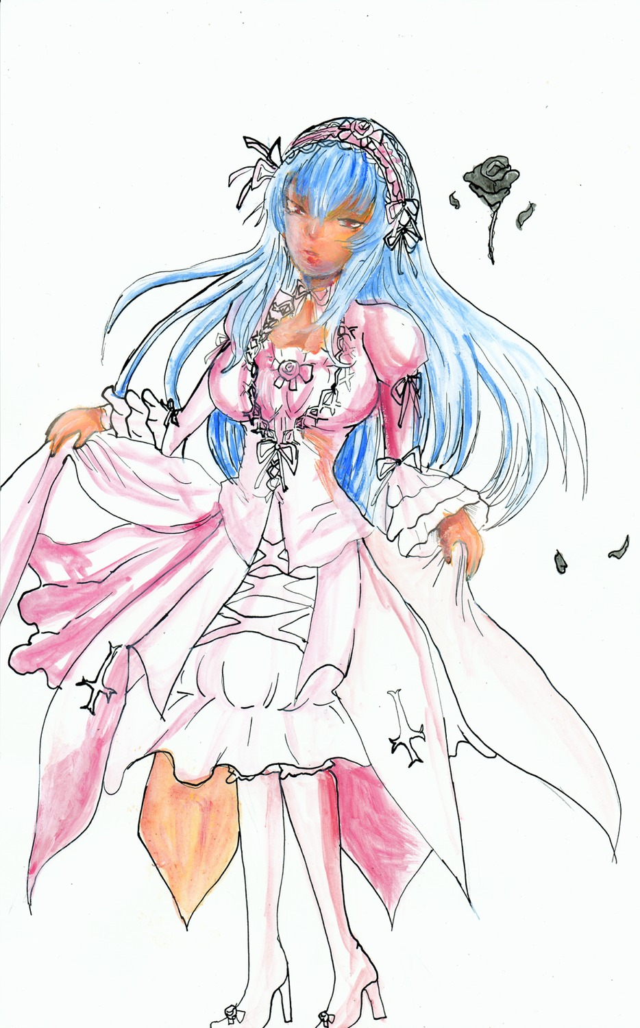 1girl blue_hair breasts dress flower frills image long_hair solo suigintou traditional_media