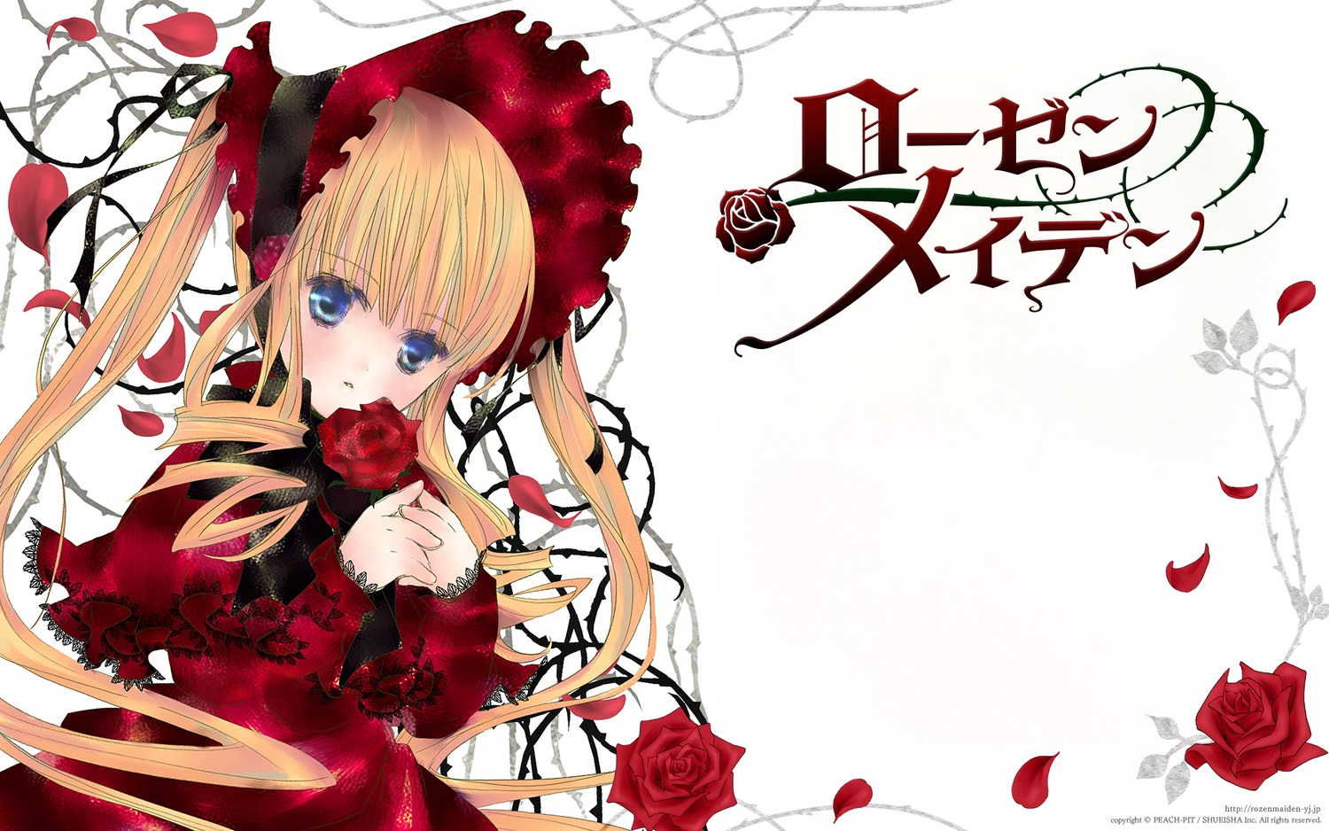 1girl bangs blonde_hair blue_eyes bonnet bow bowtie copyright_name dress flower frills highres image lolita_fashion long_hair official_art official_wallpaper parted_lips peach-pit petals red_flower red_rose rose rose_petals rozen_maiden shinku solo thorns twintails