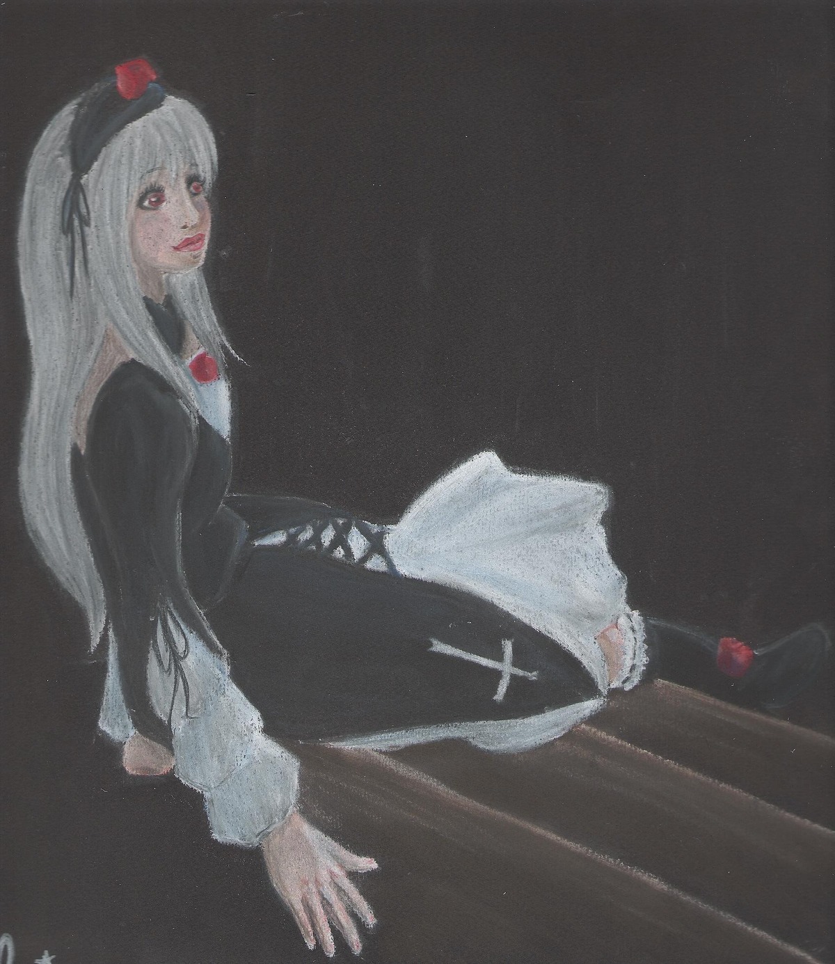 1girl black_background black_dress dress flower hairband image long_hair long_sleeves red_eyes rose solo suigintou