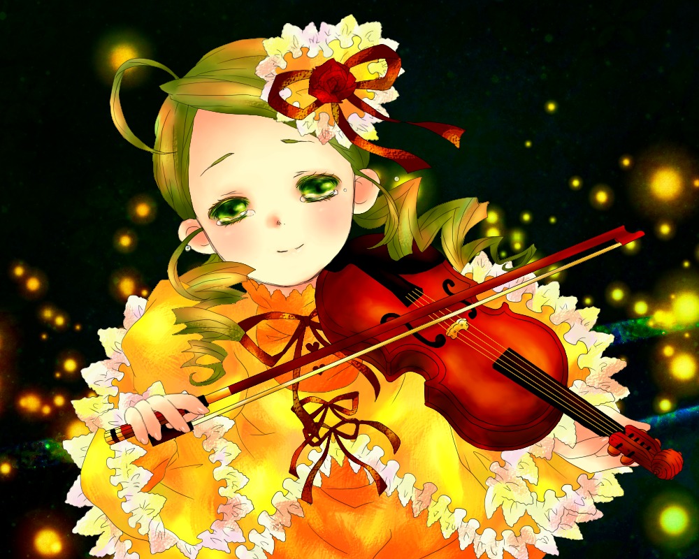 1girl ahoge black_background bow_(instrument) dress drill_hair flower frills green_eyes green_hair guitar hat holding_instrument image instrument kanaria long_sleeves musical_note playing_instrument ribbon rose smile solo twin_drills violin