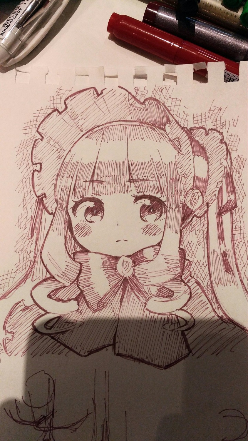 1girl bangs blush closed_mouth dress eyebrows_visible_through_hair image long_hair looking_at_viewer monochrome photo shinku signature solo standing traditional_media very_long_hair