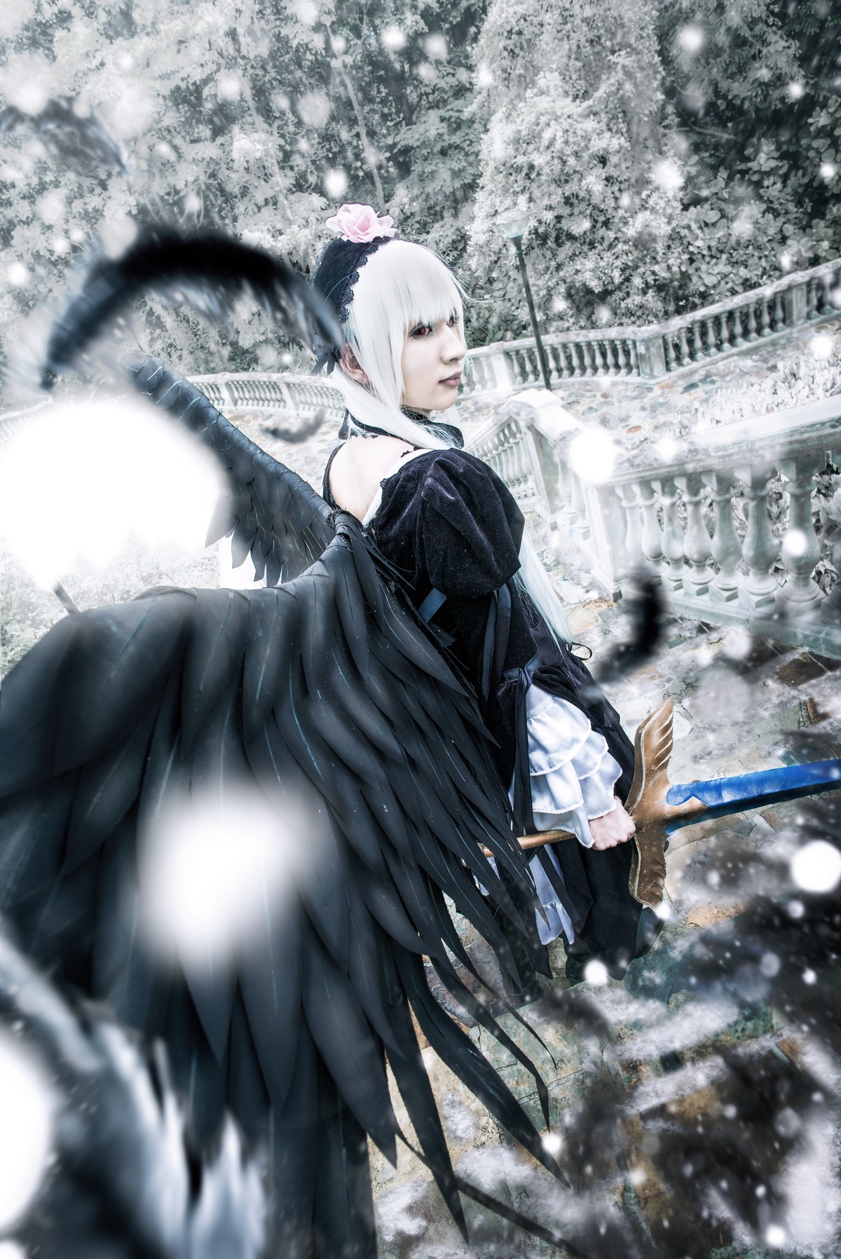 1girl black_wings blurry depth_of_field dress feathered_wings feathers frills snow solo suigintou white_hair wings