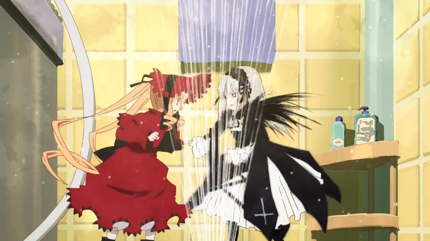 2girls curtains dress image long_hair mirror multiple_girls pair shinku standing suigintou torn_clothes weapon window