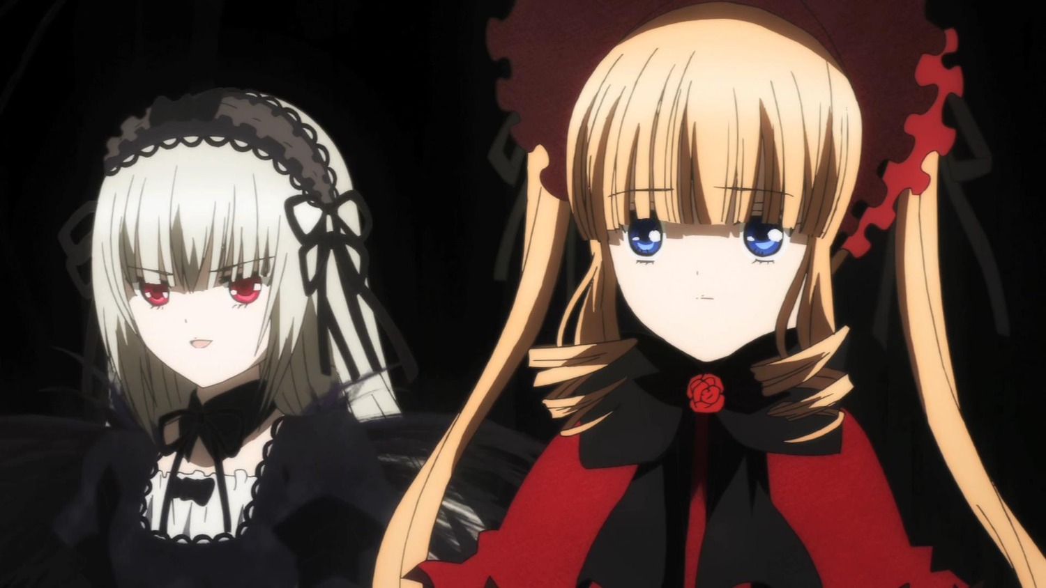 2girls :d blonde_hair blue_eyes bonnet bow dress drill_hair flower hairband image long_hair looking_at_viewer multiple_girls open_mouth pair red_eyes rose shinku suigintou twintails