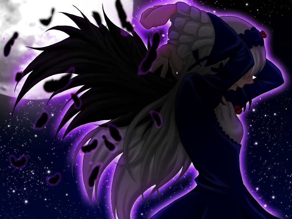 1girl 2girls auto_tagged black_dress dress image long_hair long_sleeves moon night night_sky shooting_star sky solo space star_(sky) starry_sky suigintou wide_sleeves wings