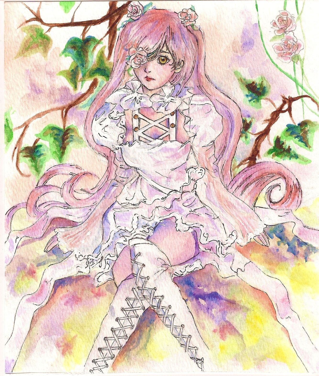 1girl boots flower hair_flower hair_ornament image kirakishou long_hair marker_(medium) pink_hair plant rose solo thighhighs thorns traditional_media very_long_hair vines watercolor_(medium)