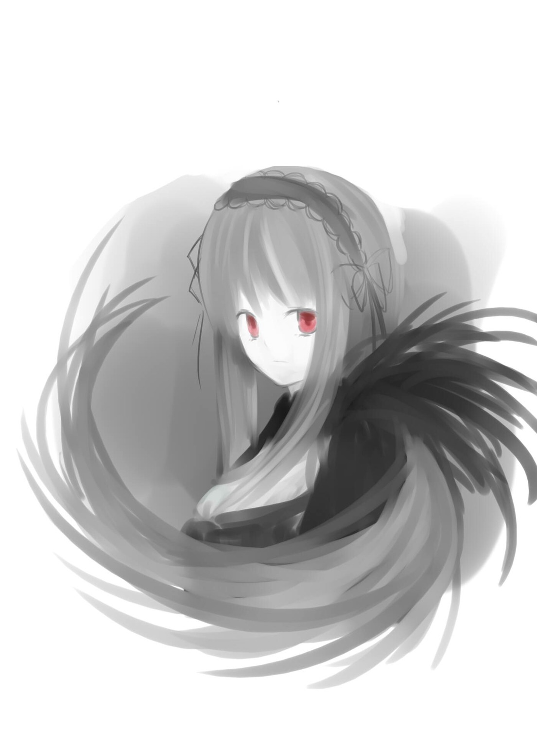 1girl bangs black_ribbon closed_mouth dress frills hairband image long_hair looking_at_viewer red_eyes simple_background solo striped suigintou very_long_hair white_background