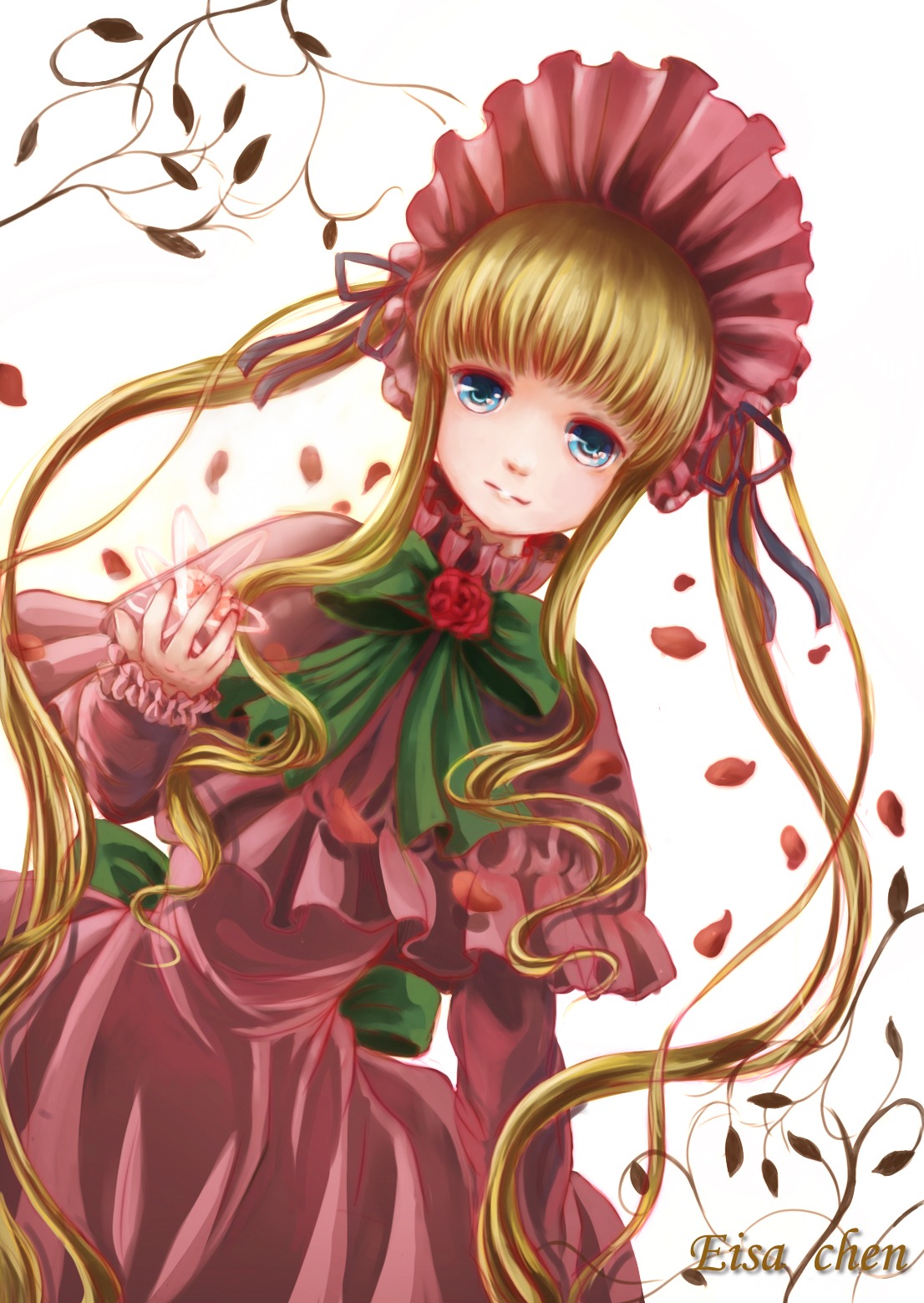 1girl blonde_hair blue_eyes bonnet bow bowtie capelet dress flower green_bow image long_hair long_sleeves looking_at_viewer petals ribbon rose shinku sidelocks solo twintails