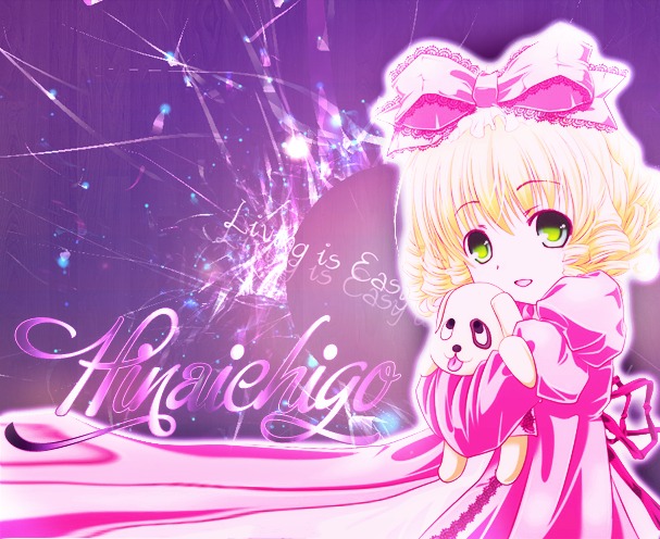 1girl blonde_hair bow dress green_eyes hina_ichigo hinaichigo image open_mouth pink_bow pink_dress purple_background short_hair smile solo stuffed_animal teddy_bear