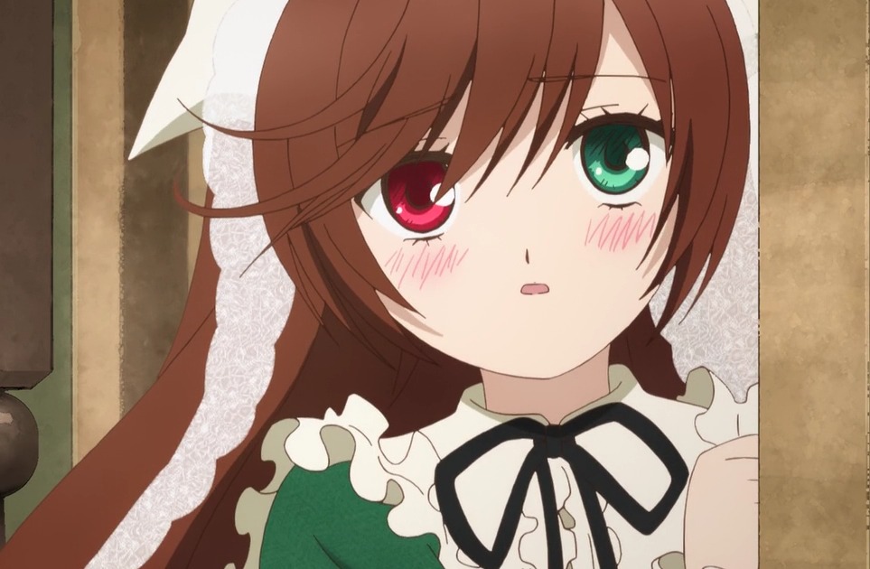 1girl :o black_ribbon blush brown_hair dress frills green_eyes image long_hair looking_at_viewer neck_ribbon open_mouth red_eyes ribbon solo suiseiseki