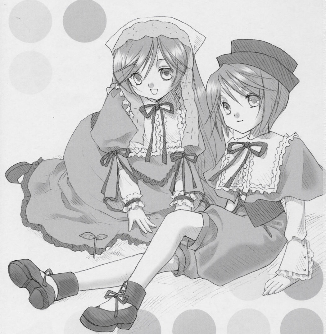 2girls boots capelet dress frills greyscale hat image long_hair long_sleeves looking_at_viewer monochrome multiple_girls neck_ribbon open_mouth pair ribbon siblings sisters sitting smile souseiseki suiseiseki twins