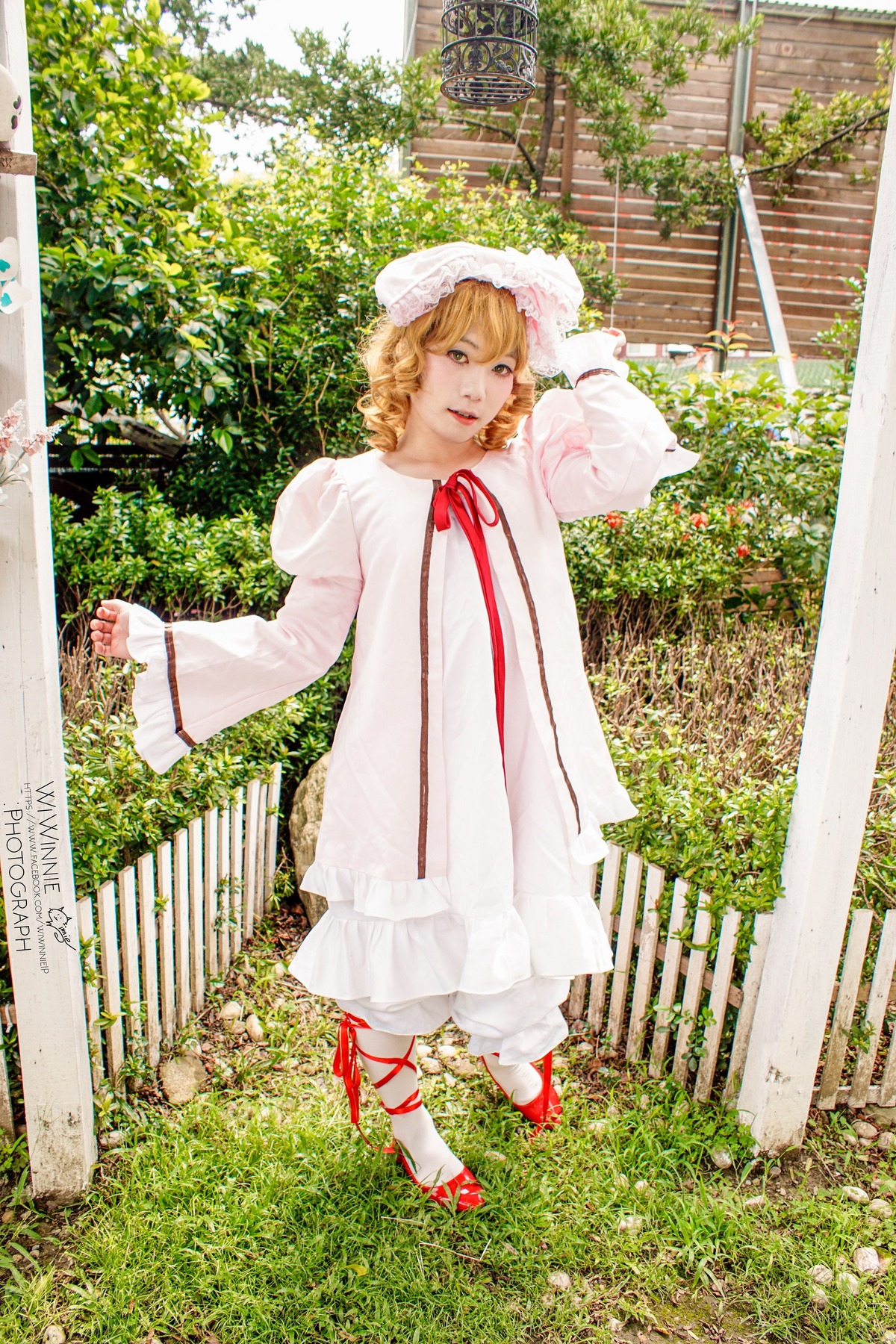 1girl blonde_hair day dress flower grass hat hinaichigo mob_cap outdoors solo standing tree white_dress