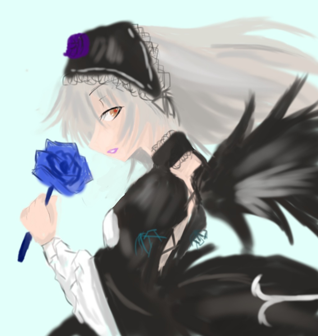 1girl black_dress black_wings blue_flower blue_rose blurry blurry_foreground depth_of_field dress feathers flower frills image lolita_fashion long_hair long_sleeves rose silver_hair solo suigintou wings